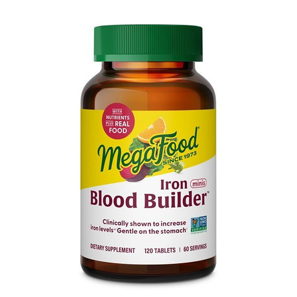 MegaFood Blood Builder Iron Supplement for Women & Men - Increase Iron Levels Without Side Effects, Improves Energy Levels, B12, Folic Acid, Vitamin C for Absorption, Vegan, Non-GMO, 120 Mini Tablets