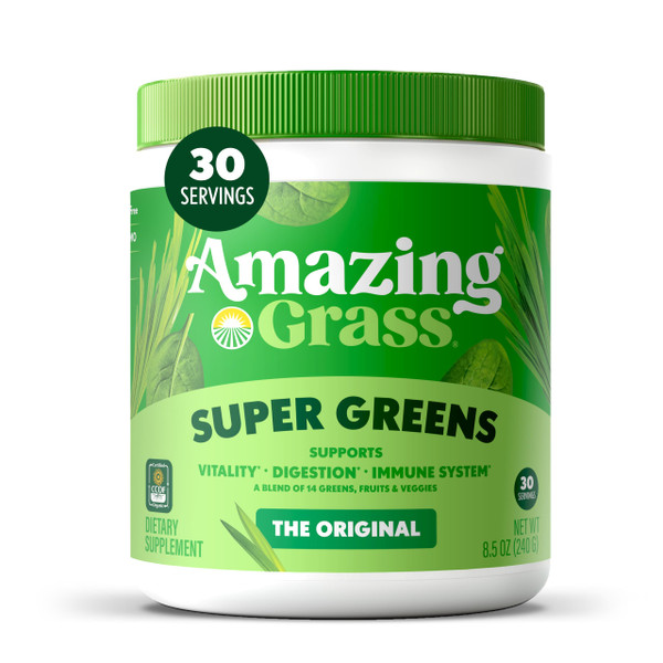 Amazing Grass Super Greens Powder, Organic, Greens Superfood Powder, Smoothie Supplements, Supports Digestion, Probiotics, Spirulina, Beet Root, Original, 30 Servings, 8.5 Ounce (Packaging May Vary)