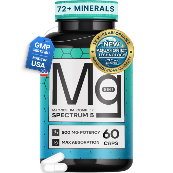 Spectrum 5 Magnesium | 5-in-1 Complex + 72 Trace Minerals for Enhanced Absorption | Irish Sea Sourced | 500mg per Serving | Made in USA, Third Party Tested, GMP Certified