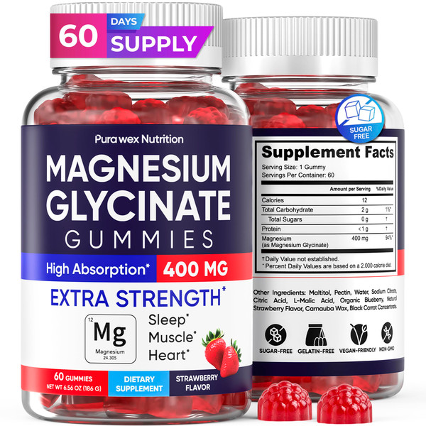 Magnesium Glycinate Gummies 400mg Extra Strength, Strawberry Flavor (60 Count) - Sugar-Free Supplement for Adults, Kids, Women & Men, Muscle & Relaxation, High Absorption Vegan Chewable
