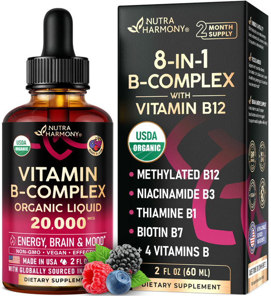USDA Organic Vitamin B-Complex B5 Pantothenic Acid | B12 Methylcobalamin | B1 Thiamine | B6 Pyridoxine | B7 Biotin | B9 Folic | B3 Niacinamide - B Complex Liquid Drops, Natural Berry Flavor, 2fl oz