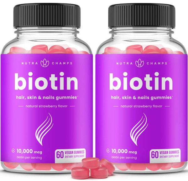 NutraChamps (2 Pack) Biotin Gummies 10,000mcg [High Potency] for Healthy Hair, Skin & Nails for Adults & Kids - 5000mcg in Each Gummy Vitamin - Vegan, Non-GMO, Pectin-Based Hair Health Supplement