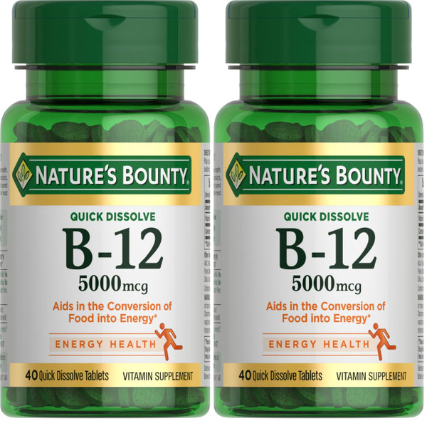 Nature's Bounty Vitamin B12, Supports Energy Metabolism and Nervous System Health, 5000mcg, 40 Quick Dissolve Tablets (Pack of 2)