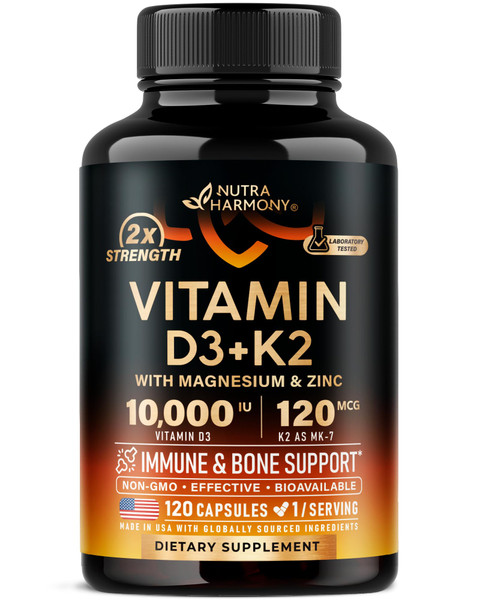 Vitamin D3 K2 - Vitamin D3 10000 iu & K2 as MK-7 120 mcg - Immune & Mood Support, for Bone & Teeth Health - with Magnesium, Zinc & Vitamin C & B12 - Highly Bioavailable - Gluten Free, 120 Capsules
