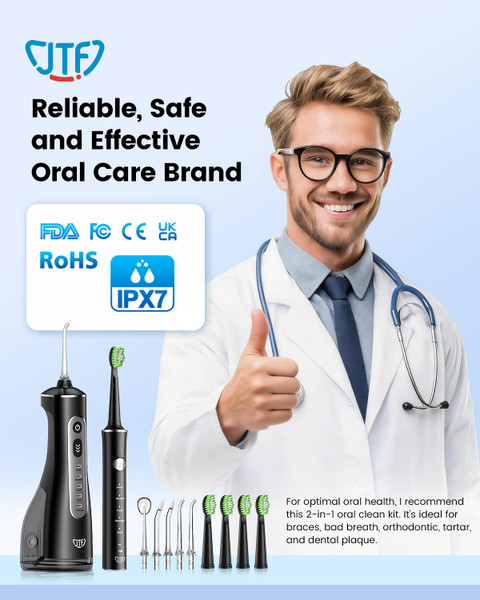 JTF Electric Toothbrush with Water Flosser Combo: 2-in-1 Portable Oral Clean Kit for Effective Yet Gentle Brushing & Flossing, Multiple Modes for Braces & Sensitive Gums Care, Cordless for Home Travel