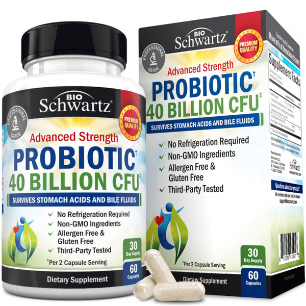BioSchwartz Daily Probiotic Nutritional Supplement - 40 Billion CFU for Gut Health - Probiotics for Men and Women - Digestive Health with Astragalus & Lactobacillus - Shelf Stable - 60 Count