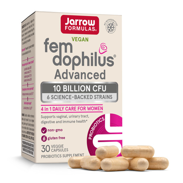 Jarrow Formulas Fem-Dophilus Advanced Vaginal & Digestive Probiotics 10 Billion CFU with 6 Science Backed Strains, for Vaginal, Urinary Tract, Digestive & Immune Support, 30 Capsules, Shelf-Stable