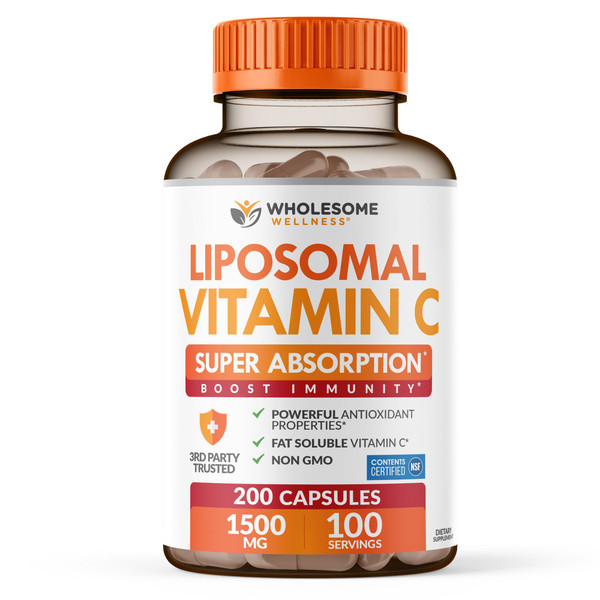 Wholesome Wellness Liposomal Vitamin C Capsules (200 Pills 1500mg Buffered) High Absorption, Immune System & Collagen Booster, High Dose Fat Soluble Immunity Support Ascorbic Acid, Natural Vegan