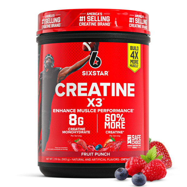 Six Star Creatine Monohydrate Powder, X3 (Fruit Punch) - Flavored Creatine HCl Powder Monohydrate Supplement for Muscle Building & Performance - Post Workout Supplement for Men & Women - 30 Servings
