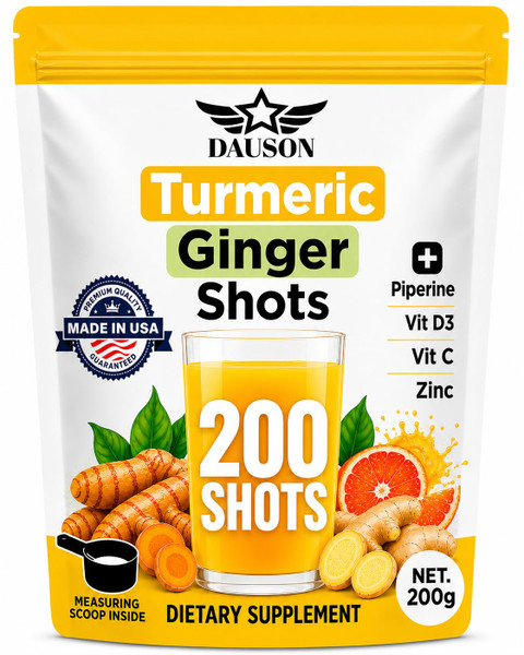 DAUSON Turmeric Shots for Immune Boost, Joint Health, Gut Health – Boosted with Ginger, Piperine, Zinc, Vitamin D3, Vitamin C – Powder – 200 Servings – Made in USA