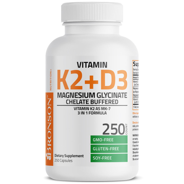 Bronson Vitamin K2 + D3 Magnesium Glycinate, Vitamin K2 as MK-7, 3 in 1 Formula, 250 Capsules