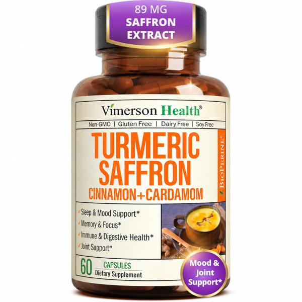 Saffron Supplements with Turmeric Curcumin, Saffron Extract (89mg), Ceylon Cinnamon, and Cardamom for Women and Men – Turmeric Supplement for Daily Inflammation, Mood & Joint Support – 60 Capsules