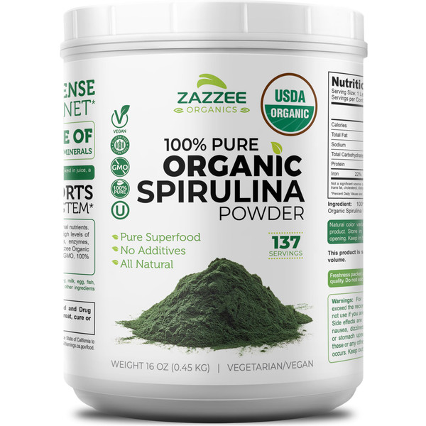Zazzee USDA Organic Spirulina Powder, 16 Ounces (1 LB), 137 Servings, Certified Kosher, 100% Pure, Non-Irradiated, Mess-Free Wide Mouth Container, Fresh Smell and Neutral Taste, Non-GMO, Made in USA
