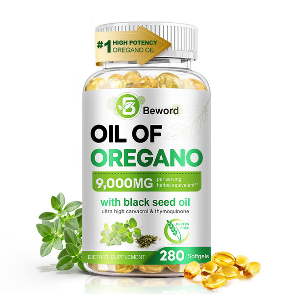 BEWORD Oil of Oregano with Black Seed Oil, 280 Softgels, 9000mg Per Serving – 2-in-1 Oregano Supplement for Immune Health with High Carvacrol & Thymoquinone | Plant-Based, Non-GMO