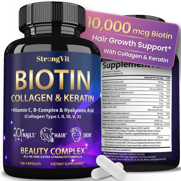 StrongVit Biotin with Hyaluronic Acid, Keratin and Collagen Supplements - 10000mcg for Hair Growth Women and Men - Hair Skin and Nails Vitamins - 120 Capsules