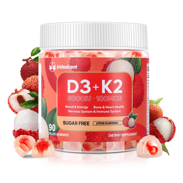 IRIDESICENT Vitamin D3 K2 Gummies Sugar Free - 90 Count | 5,000 IU Vitamin D3 + 100 mcg K2 (MK-7) | Vegan D3 K2 Supplement for Bone & Immune Health Support, Lychee Flavor