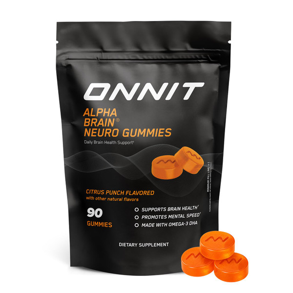 ONNIT Alpha Brain Neuro Focus Gummies, IGEN Non-GMO Tested Vegan Gummies with Omega-3s Lutein Zeaxanthin and Caffeine, Brain Eye and Focus Supplement for Men and Women, Citrus Punch, 90 Count