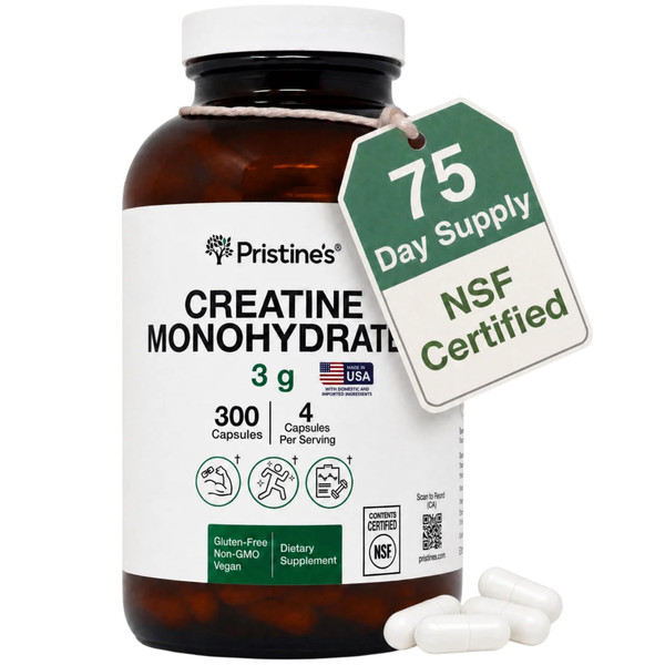 PRISTINE'S Creatine Monohydrate Capsules for Women & Men - NSF Certified 75 Day Supply 3G Creatine Pills for Women - Cognitive & Athletic Performance Support - Enhanced Recovery Glass Bottle