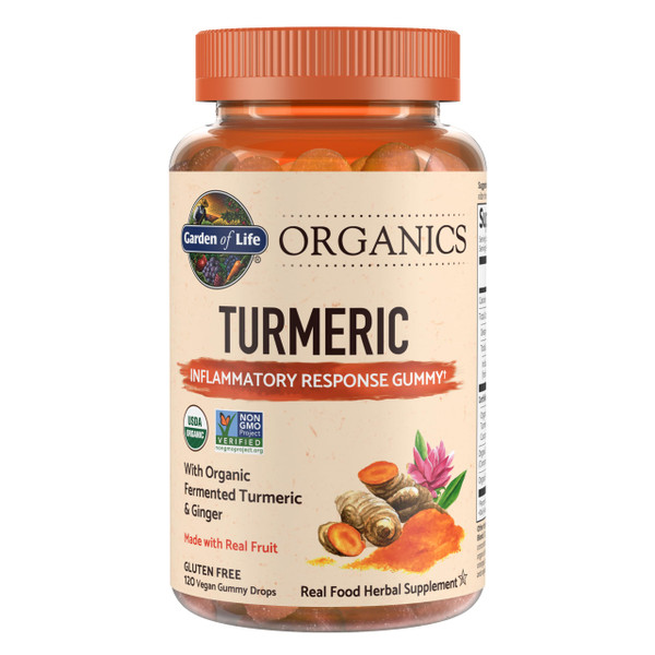 Garden of Life Organics Turmeric Inflammatory Response Gummies with Ginger Root, Black Pepper & Curcumin – Turmeric Gummy Made with Real Fruit, Non-GMO, Gluten-Free, Vegan, 120 Fruit Gummies