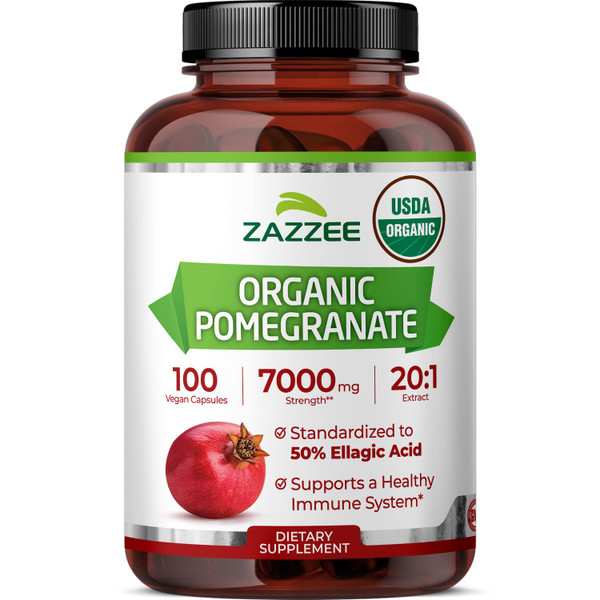 Zazzee USDA Organic Pomegranate 20:1 Extract, 50% Ellagic Acid 100 Capsules