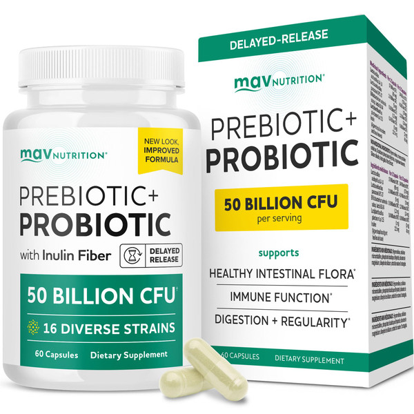 Prebiotics and Probiotics | 50 Billion CFU, 16 Probiotic Strains & Inulin Prebiotic Fiber | Delayed Release Capsules | Gut Health Support | Prebiotics and Probiotics for Women & Men | Non-GMO | 60 Ct