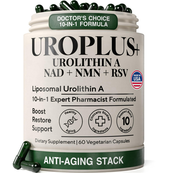 Urolithin A Supplement - 1250mg 10-in-1 Liposomal Complex - NAD+, Nicotinamide Riboside & Resveratrol Mitochondrial, Cellular Energy & Longevity Support, Healthy Aging & Muscle Recovery - 60 Veg Caps