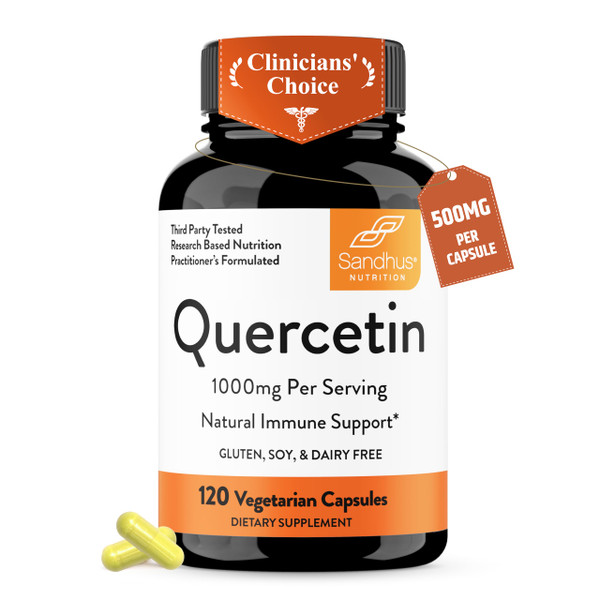 Quercetin 500mg Vegetarian Capsules 120 Count | 1000mg Per Serving of 2 Capsules | Immune Support Supplements For Respiratory, Cellular Health & Seasonal Allergies | Quercitin for Men & Women Immunity