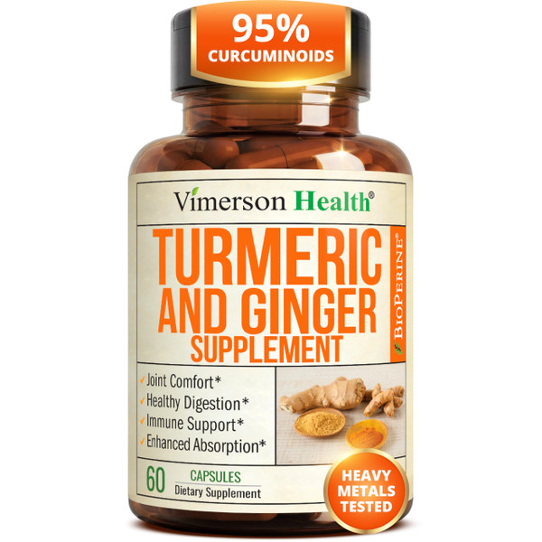 Turmeric and Ginger Supplement with Organic Tumeric for Daily Joint Support, Digestive & Immune Health – with Ginger & Black Pepper Extract (BioPerine) for Enhanced Absorption – Non-GMO – 60 Capsules