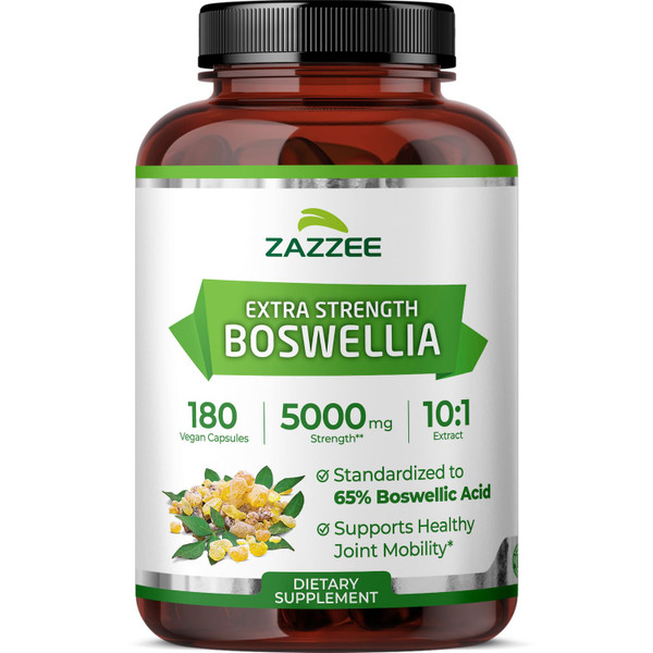 Zazzee Extra Strength Boswellia 10:1 Extract, 65% Boswellic Acid, 180 Vegan Capsules, 6 Month Supply, Boswellia Serrata, Joint Comfort, Mobility & Flexibility Support, Non-GMO, Made in the USA