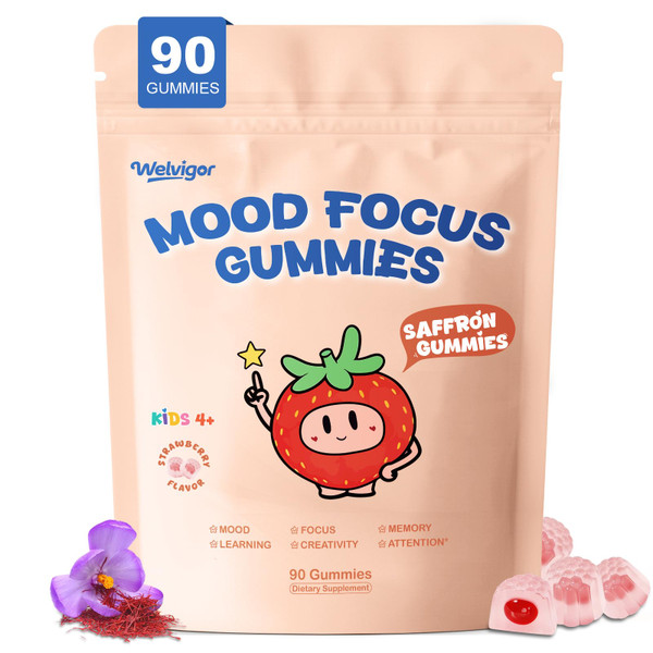 Welvigor Kids Saffron Gummies: Mood Focus Support with Magnesium Glycinate, L-Theanine for Calm & Sleep, PS, Lion's Mane, Choline Brain Support for School Concentration & Attention, Sugar Free, 90 Ct