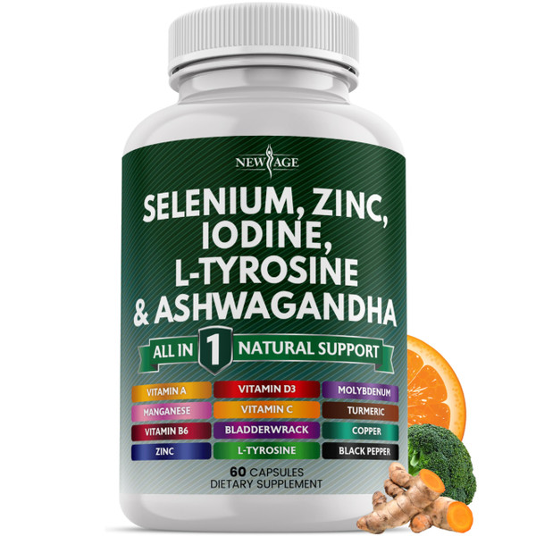 Selenium, Zinc, Iodine, L Tyrosine, Ashwagandha - Support Supplement for Women and Men with Bladderwrack, Turmeric, Silica Kelp, Schisandra - 60 Count