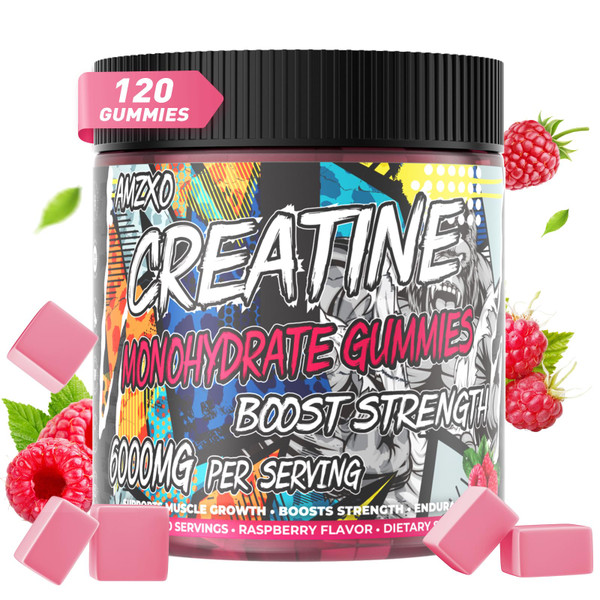 AMZXO Creatine Monohydrate Gummies 6g, 120 Count Muscle Builder for Men & Women, Pre-Workout Supplement, Energy Boost Chewable, Vegetarian, Raspberry Flavor
