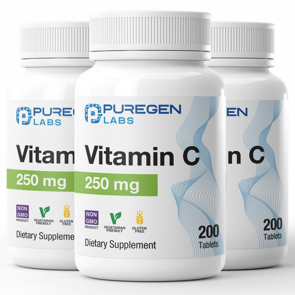Puregen Labs Vitamin C 250 MG - Total 600 Tablets Supports a Healthy Immune System & Antioxidant Protection | Non-GMO | Gluten Free - 3 Pack