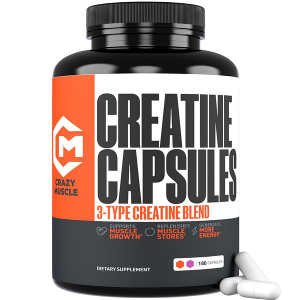 Crazy Muscle ThreeAtine Creatine Monohydrate Capsules 5g Pure, 3X Formula Pre Workout Supplement for Men & Women Supports Fitness Routine Energy Strength Focus Daily Use 180 Capsules, 30 Servings