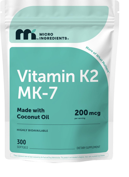 Micro Ingredients Vitamin K2 MK-7 200 mcg Per Serving, 300 Coconut Oil Softgels | K2 Vitamin Supplement with Coconut Oil | Non-GMO