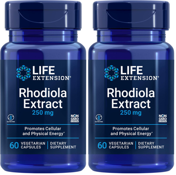 Life Extension Rhodiola Extract, Rhodiola rosea Supplement, standardized Extract, Promotes Physical and Mental Performance, Gluten-Free, Non-GMO, Vegetarian, 250 mg, 60 Capsules, (Pack of 2)