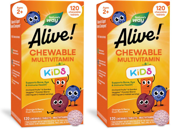 Nature's Way Alive! Children Chewable Multivitamin, Kids Multivitamin with Orchard Fruits & Garden Veggies Powder Blend, Daily Kids Vitamins, Nutritional Support, Cherry Flavor, 120 Count (Pack of 2)