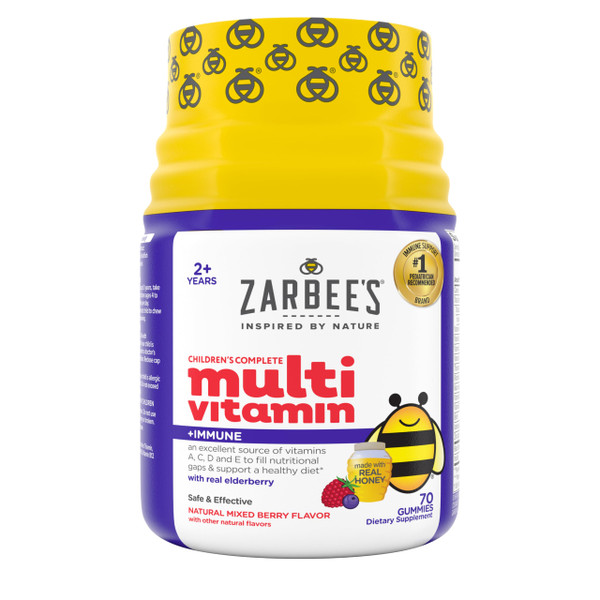 Zarbee's Complete Kids Multivitamin Gummies + Immune Support, Children Vitamins Gummy with Vitamin A, C, D3, E, B6, B12, Folic Acid & Total B-complex, 70 ct