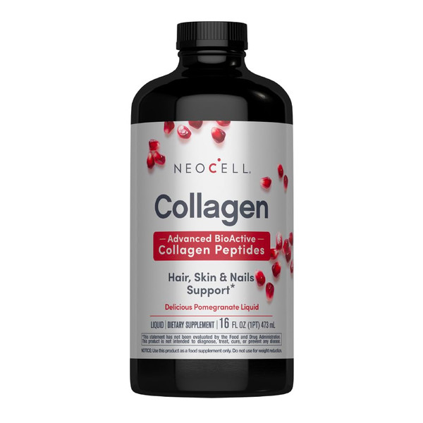NeoCell Liquid Collagen Peptides | 16 fl oz | Grass Fed Bovine | Advanced BioActive Protein | Hair, Skin, & Nails | for Women and Men | Pomegranate Flavor