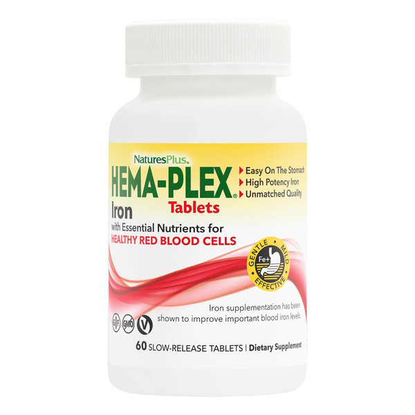 NaturesPlus Hema-Plex Iron - 60 Slow-Release Tablets - 85 mg Chelated Iron - Total Blood Health - With Vitamin C & Bioflavonoids - Non GMO, Vegetarian & Gluten Free - 60 Servings