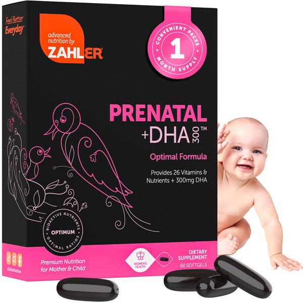 Zahler Prenatal +DHA 300 - Prenatal Vitamin with Methylated Folate & DHA for Pregnant Women - Support for Mom & Baby - Kosher, Gluten Free, Dairy Free - 60 Softgels