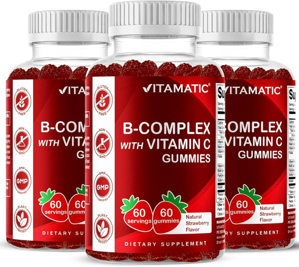 Vitamatic Vitamin B Complex Gummies with Vitamin C & Inositol - Natural Strawberry Flavor - 60 Gummies (3 Bottles)