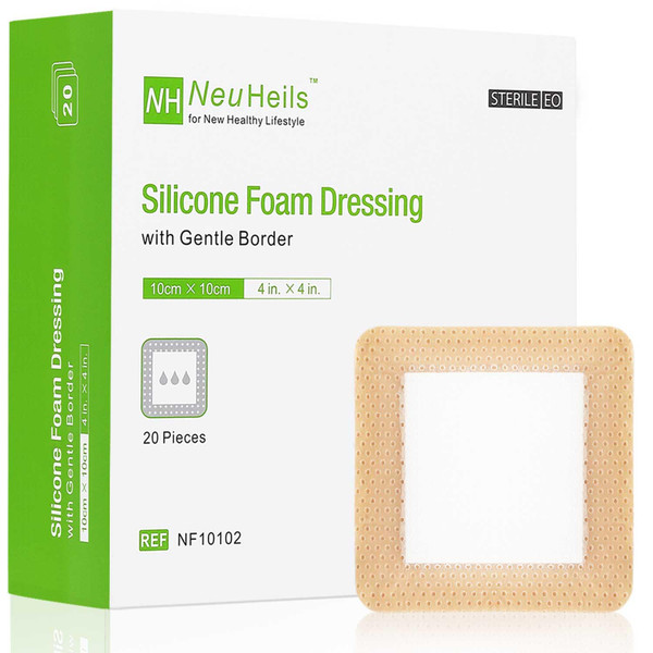 NeuHeils Silicone Foam Dressing with Gentle Border 4''x4'' for Bed Sore Leg Ulcer 20 Pack, High Absorbency Waterproof Silicone Wound Bandage