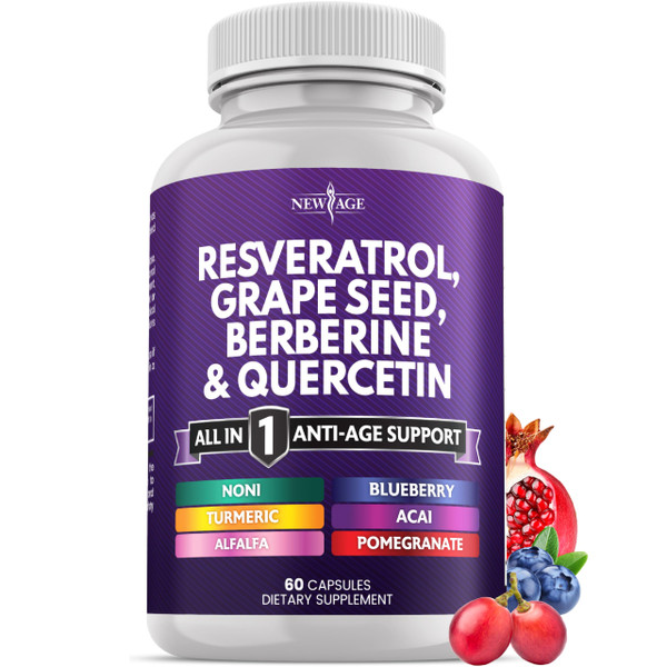NEW AGE Resveratrol, Berberine, Grape Seed Extract, Quercetin - Polyphenol Supplement for Women and Men with Noni, N-Acetyl Cysteine, Acai - 60 Capsules