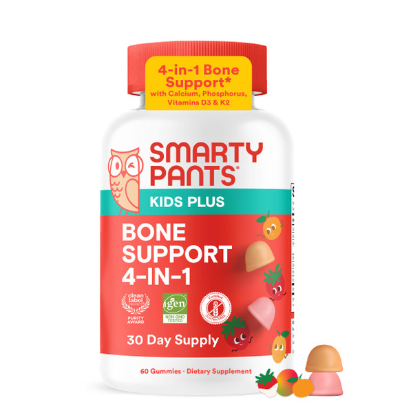 SmartyPants Kids Bone Support 4-in-1 Gummies with Calcium, Vitamin D3, K2 & Phosphorus for Growing Bones, Strawberry Mango, 60 Count (30 Day Supply)