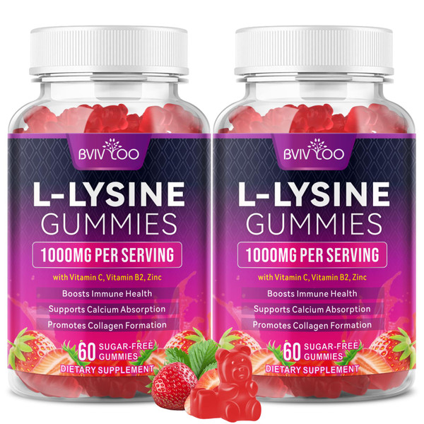 2 Pack L-Lysine 1000mg Gummies for Immune Support & Skin Health - High Potency Vegan Gummies, Sugar-Free, Natural Berry Flavor, Gluten-Free Chewable Supplement for Adults & Kids - 120 Gummiess