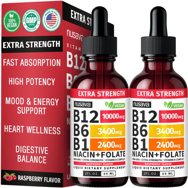 (2 Pack) Extra Strength Liquid Vitamin B12 Sublingual Vitamin B Complex - B12 Drops 10000mcg - Methylcobalamin for Energy, Brain, and Heart Support, Raspberry Flavor, Non GMO, 2 Fl Oz (80 Servings)