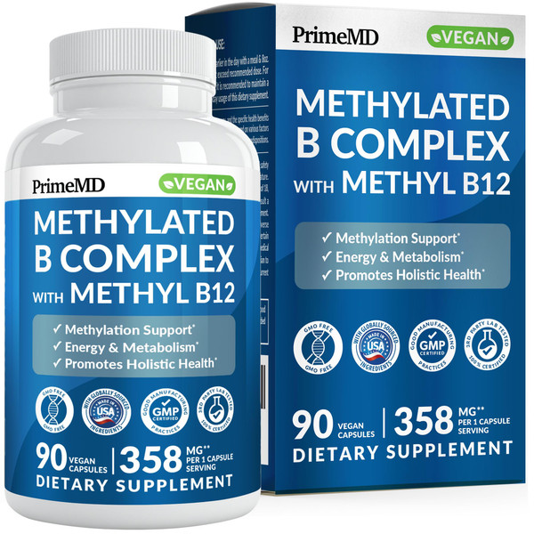 Methylated B Complex with Methylfolate and B12 Methylcobalamin 1000 mcg - Methylated Multivitamin for Energy, Brain Function, and Wellness - Vitamin B Complex for Men & Women (90 Servings) (Pack of 1)