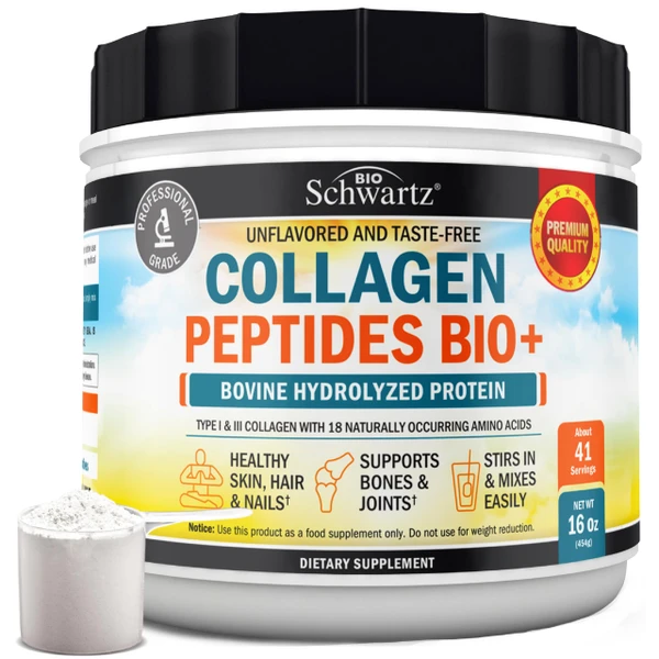BioSchwartz Collagen Peptides Powder for Women and Men - Grass Fed Hydrolyzed Collagen Powder - Types I and III with 10g Protein for Hair, Skin, Nail, & Joint Support - 41 Servings - 16oz Unflavored