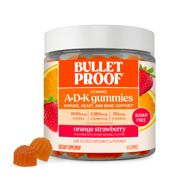 Bulletproof Sugar-Free Orange Strawberry Vitamins A+D+K Gummies, 60 Count, Keto Supplement for Heart, Bone and Immune Support, New and Improved Formula and Texture, Packaging May Vary
